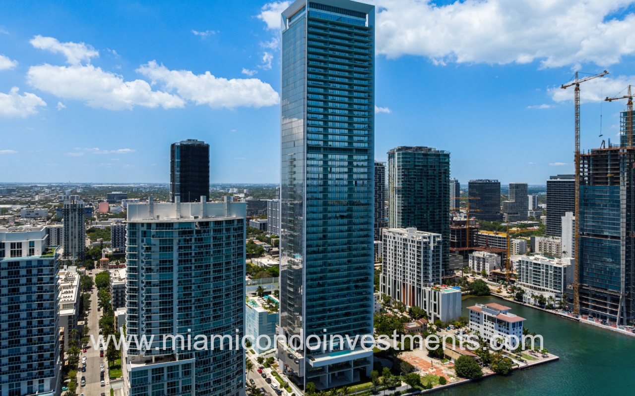 Missoni Baia drone angle view of condo building from waterway