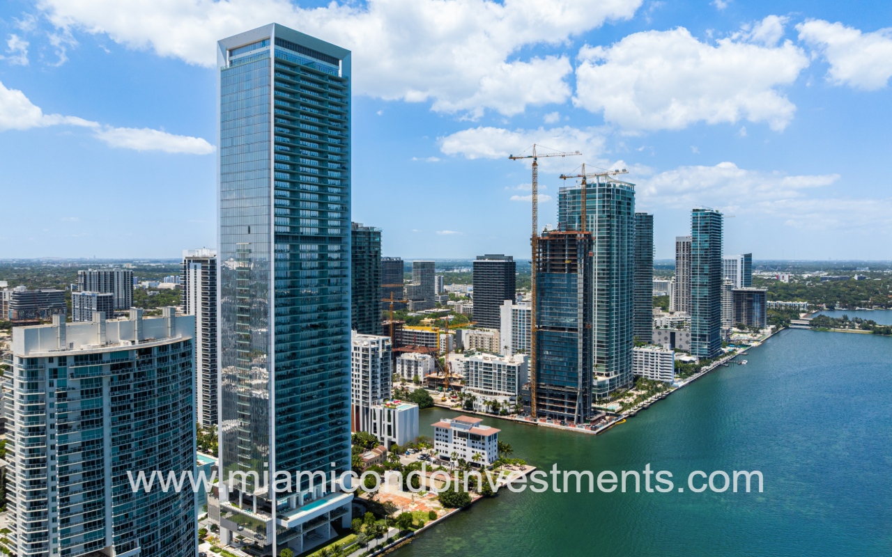 Missoni Baia drone angle view of condo building along waterway