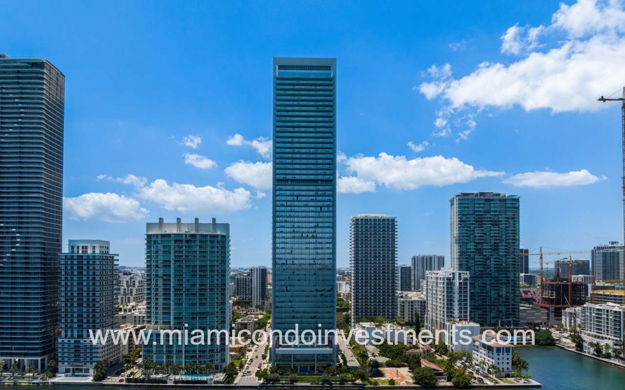 Missoni Baia drone angle view directly facing condo building with surrounding buildings