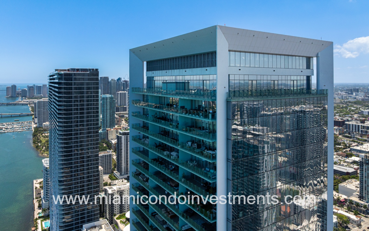 Missoni Baia drone view directly facing top angle of condo building exterior