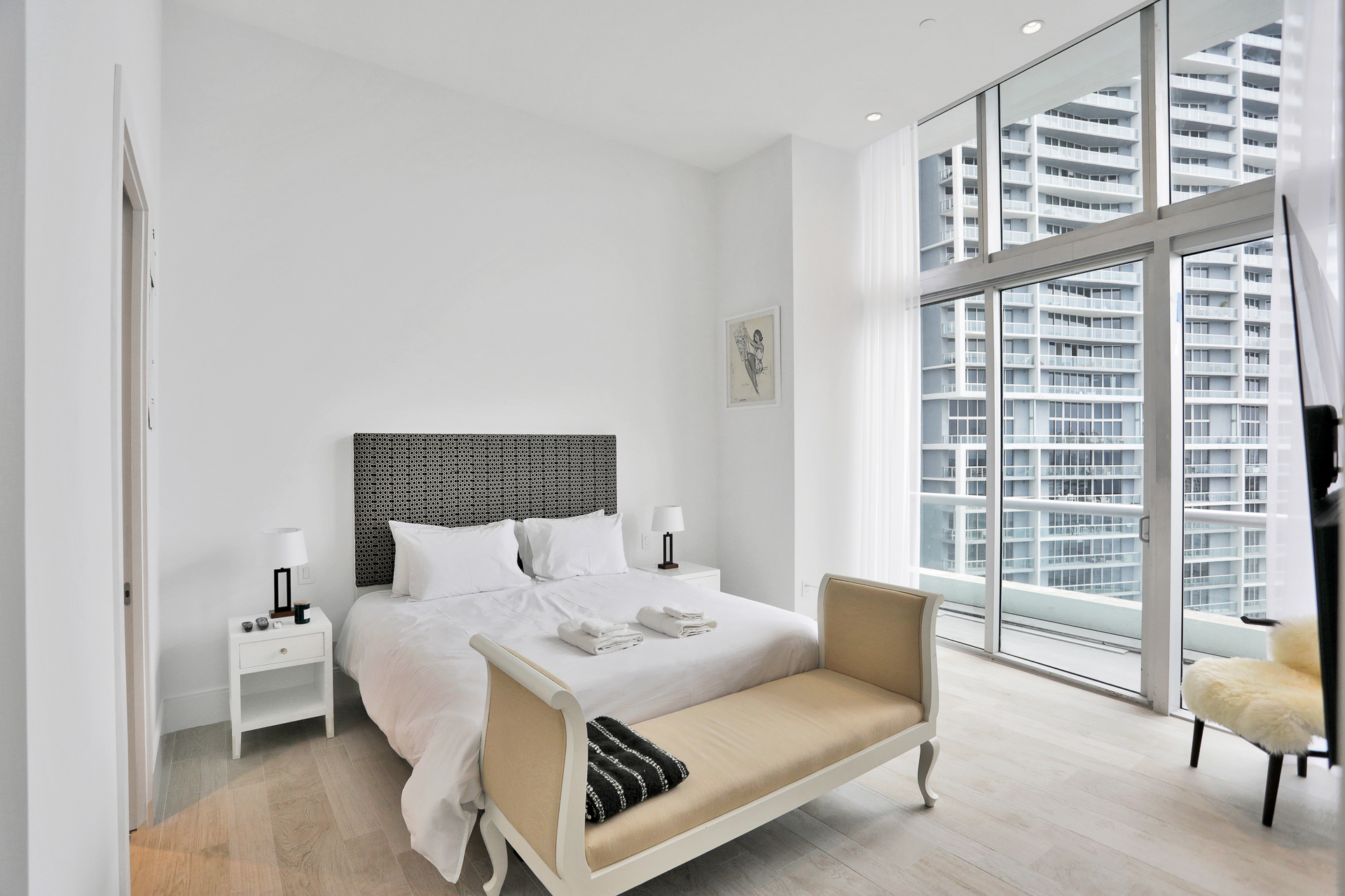 master bedroom with high ceilings