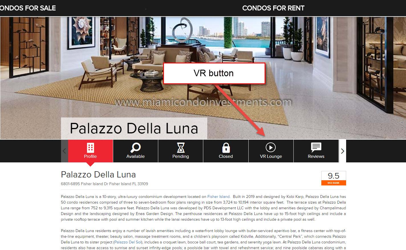 virtual reality button on Miami Condo Investments website