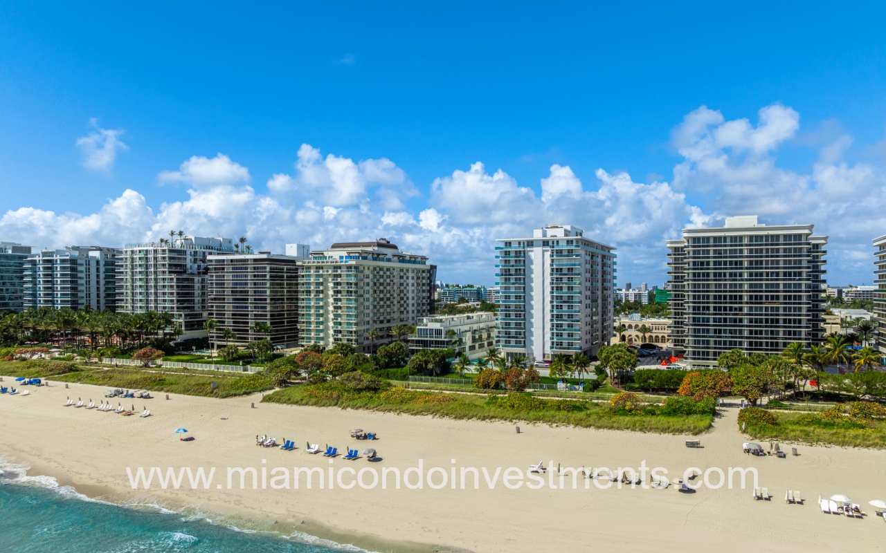 Ocean Seven drone view of condo building angle profile and beach