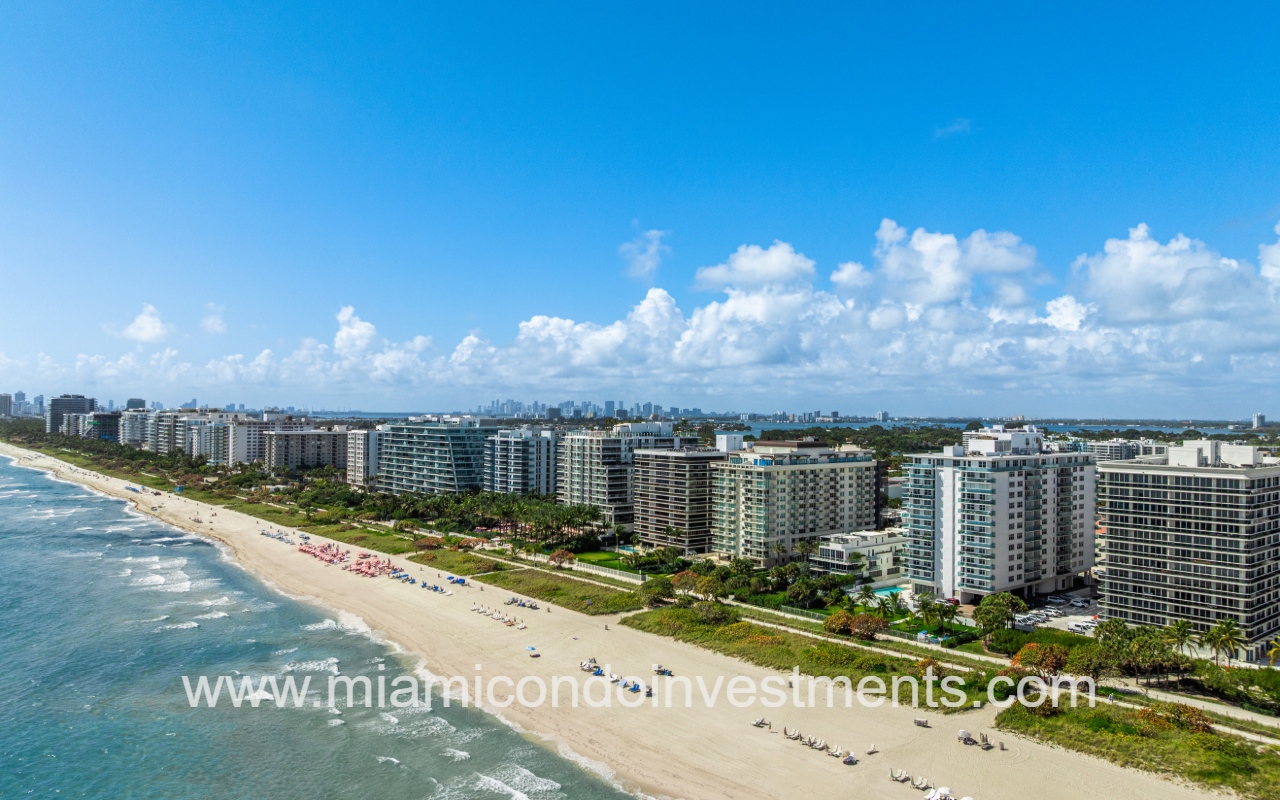 Ocean Seven drone view overlooking condo building and buildings on ocean