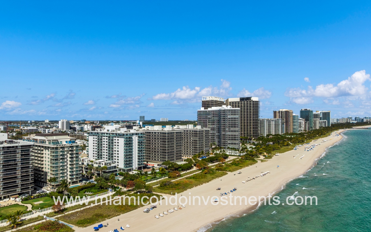 Ocean Seven drone view of condo buildings and beach shoreline
