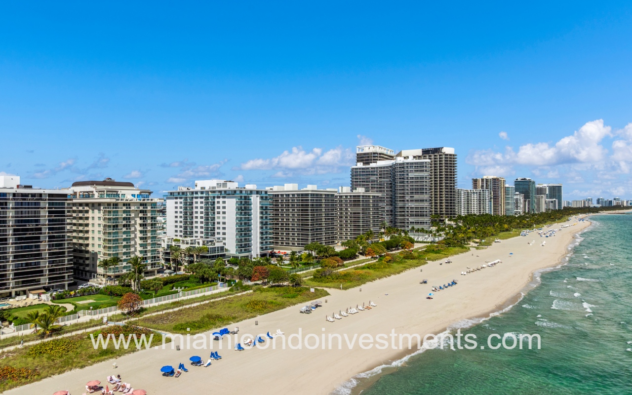 Ocean Seven drone view of condo buildings on beach shoreline