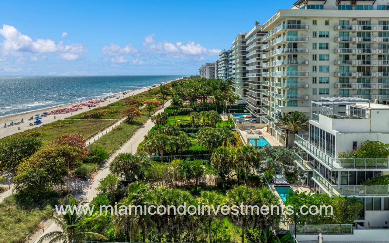 Ocean Seven drone view of condo building angle profile and beach