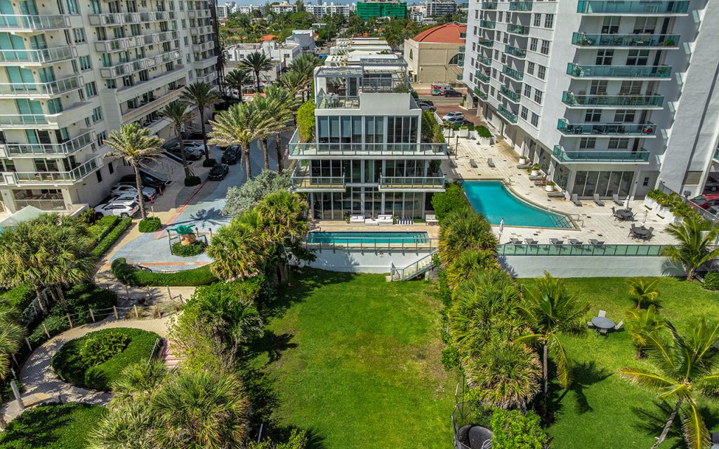 Ocean Seven drone view overlooking condo building from beach