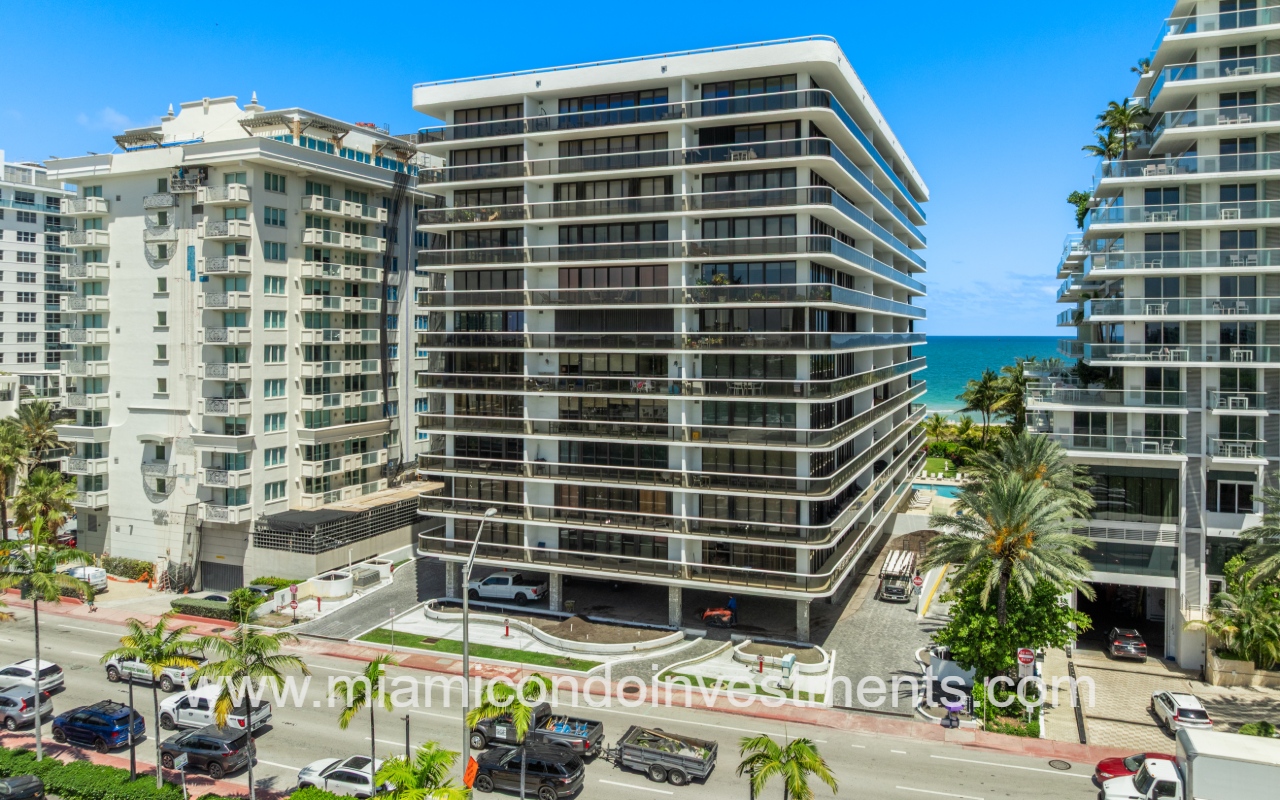 The Waves drone angle view closeup facing the front of condo building