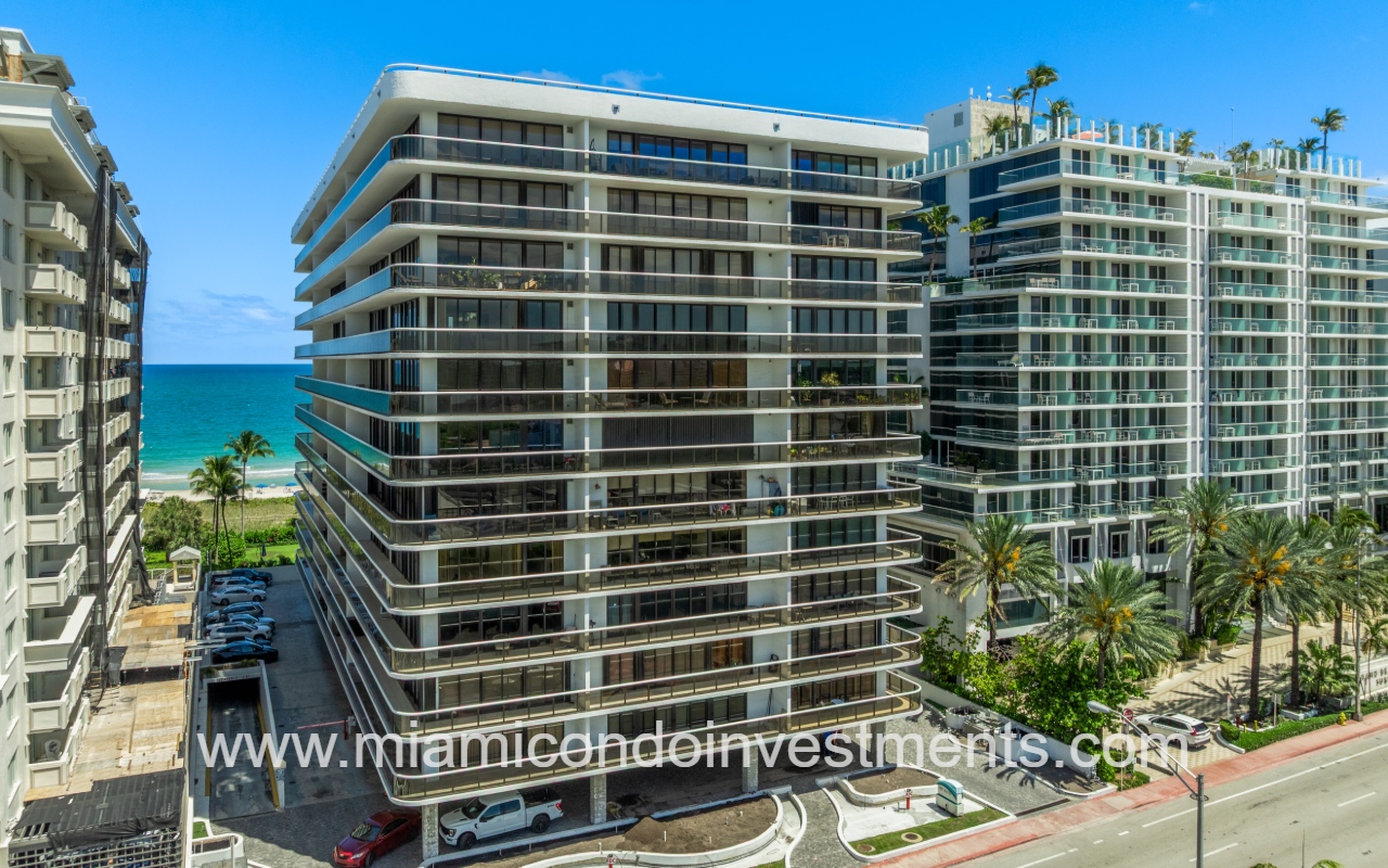 The Waves drone view closeup of front exterior of condo building