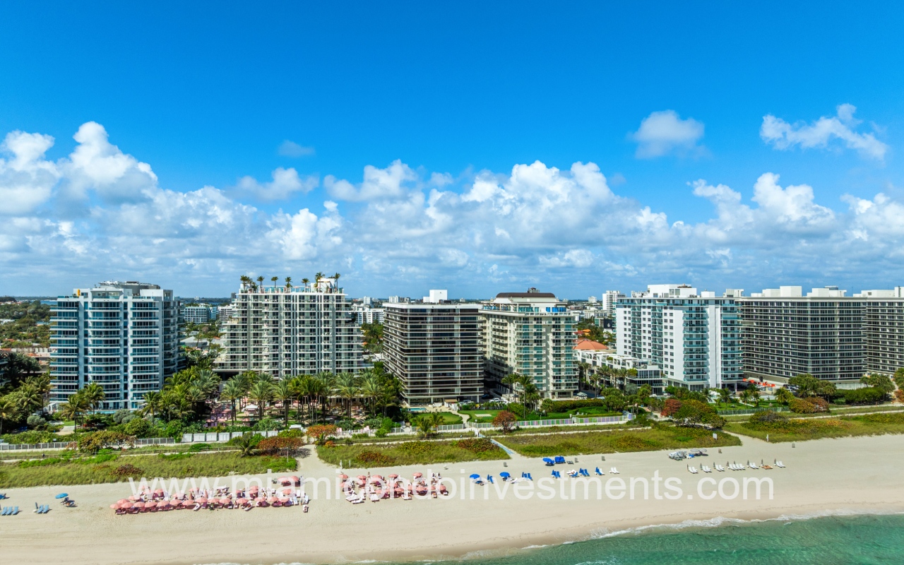 The Waves drone view directly facing the condo building from above the ocean