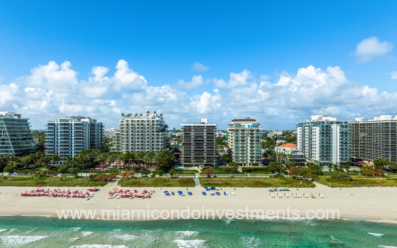 The Waves drone view directly facing the condo building and beach from above the ocean