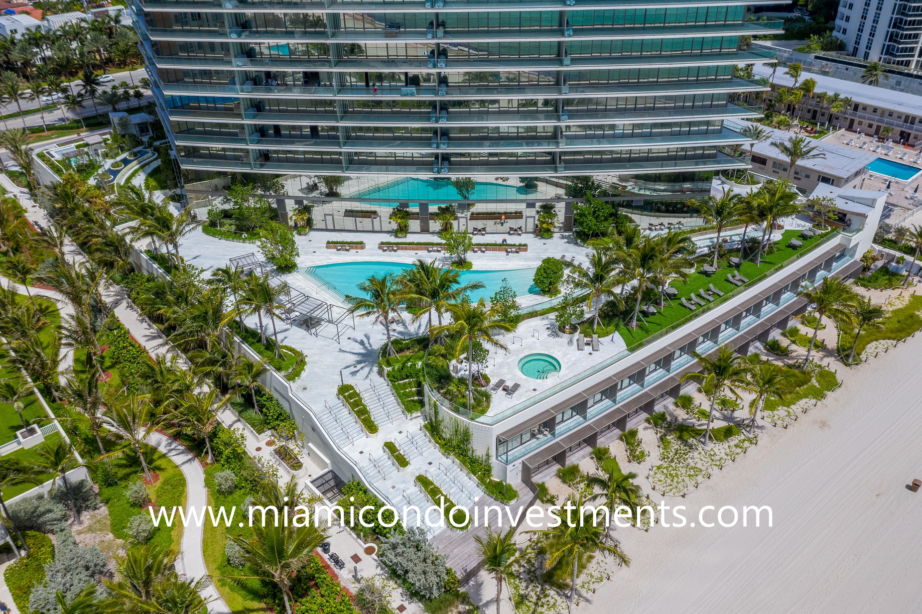 Armani Casa Residences pool deck drone photo aerial view of the pool deck at Armani Casa Residences