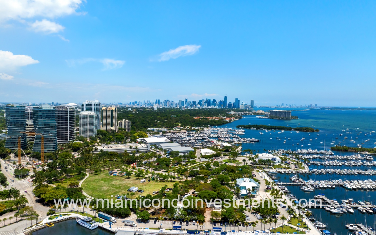 Mr. C Residences condos aerial view of area with skyline