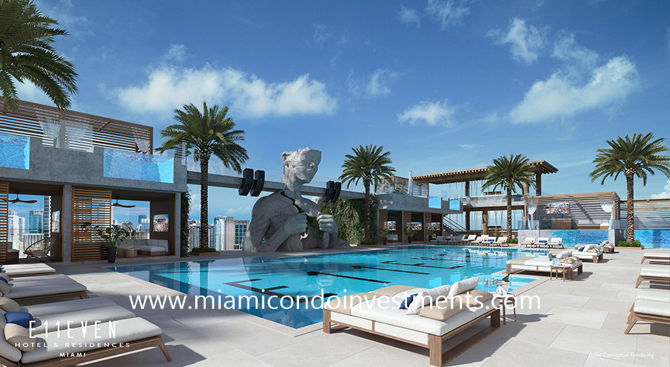 E11EVEN Hotel & Residences Day Club and pool with poolside cabanas