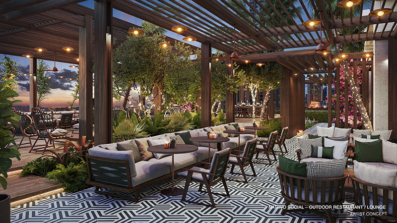 601 Miami rendering of social lounge and outdoor dining area. 