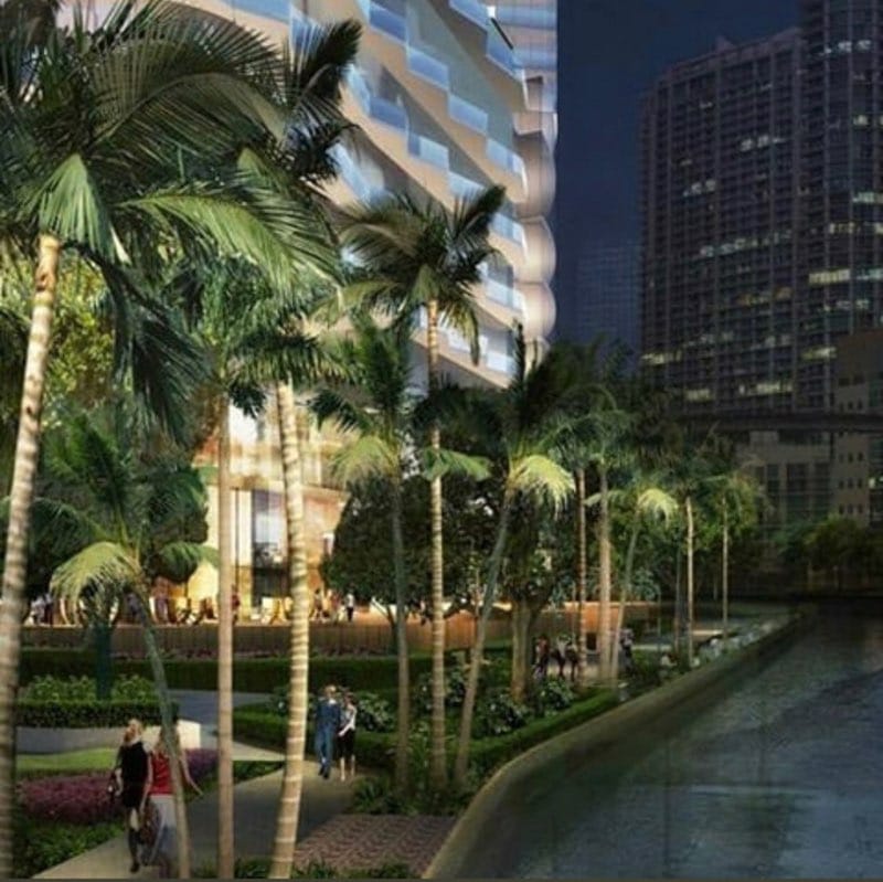 Rendering of walkway in front of the Baccarat Residences. 