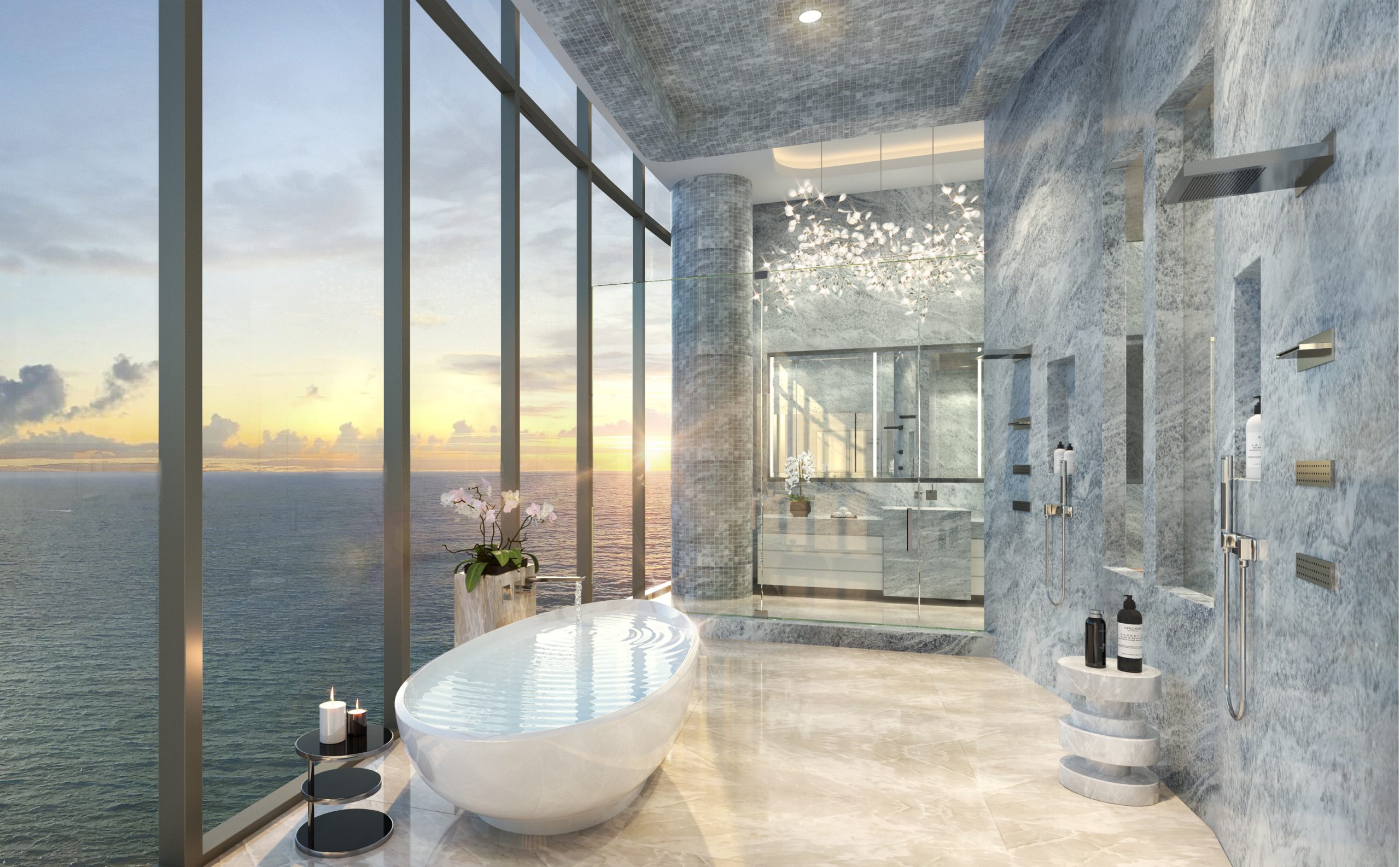 Custom master bathroom with views of the ocean.