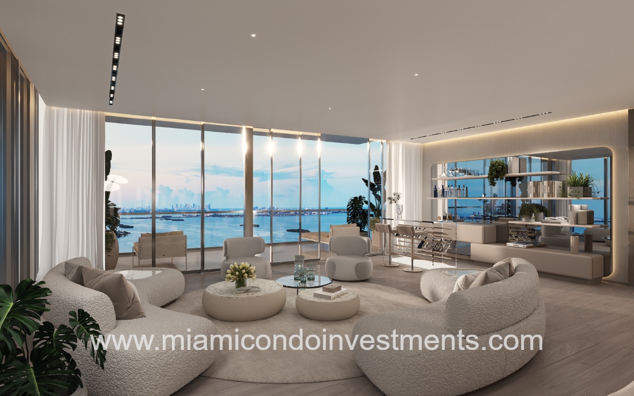 Aria Reserve North condominium building living room with floor- to-ceiling glass views