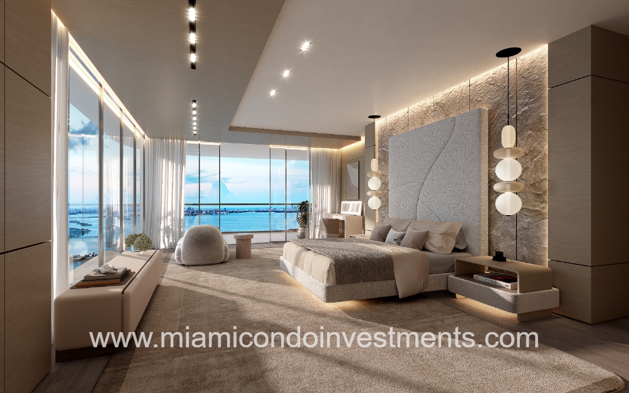 Aria Reserve North condominium building primary bedroom with floor-to-ceiling ceiling glass views