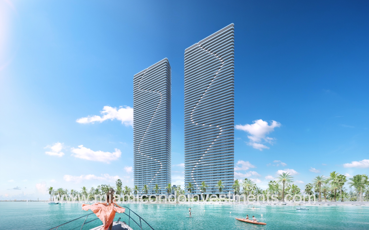 Aria Reserve North condominium building exterior daytime view from water
