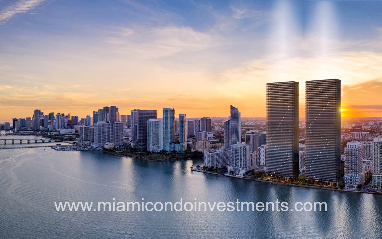 Aria Reserve North condominium drone overlooking building and waterfront skyline
