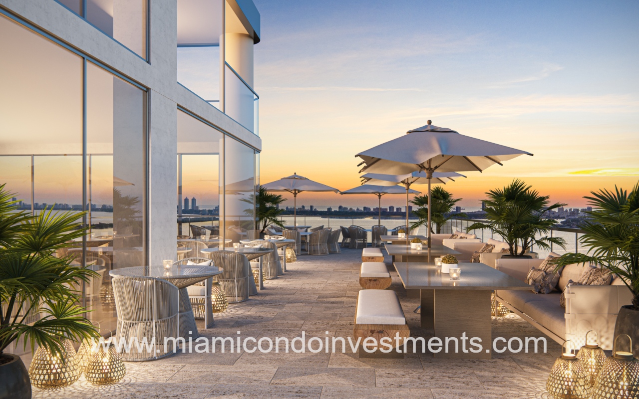 Aria Reserve North drone closeup of condominium building outdoor seating area