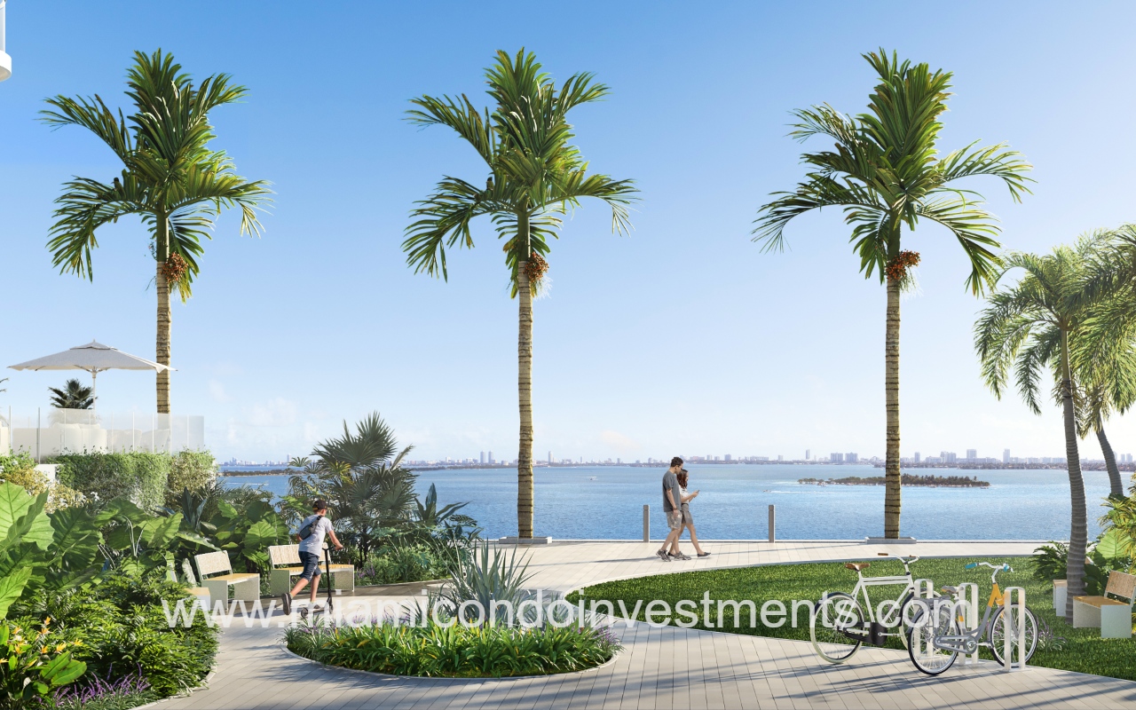 Aria Reserve North drone closeup of condominium building waterfront walking path