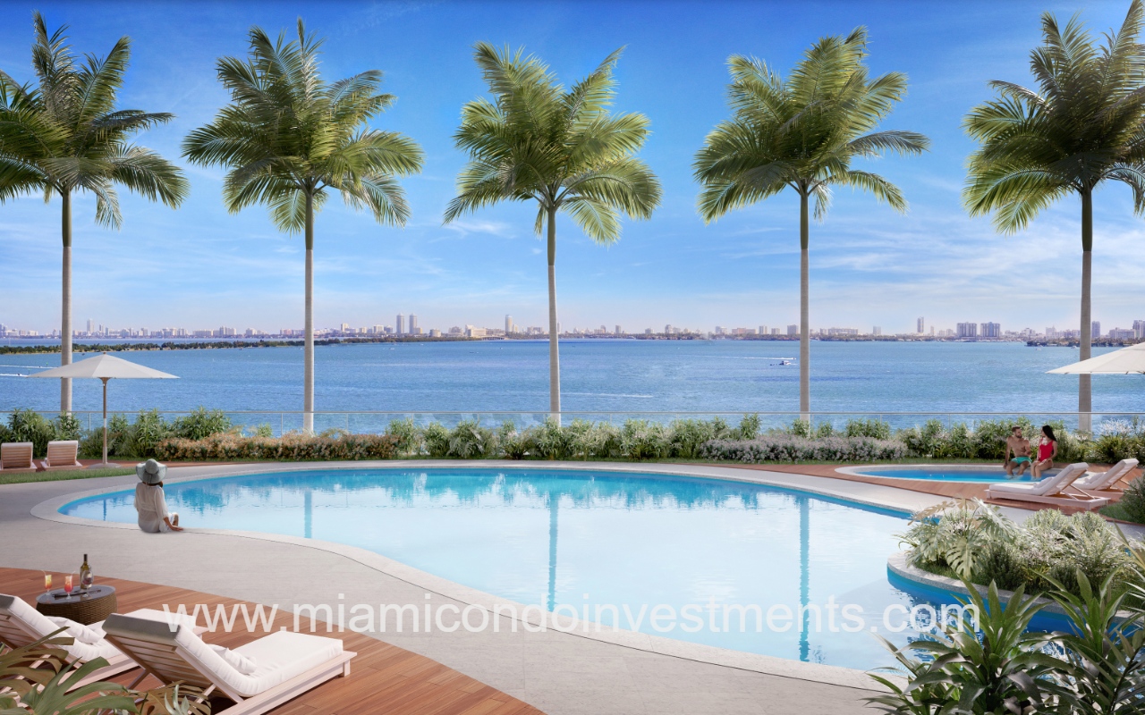 Aria Reserve North drone closeup of condominium building pool and waterfront view