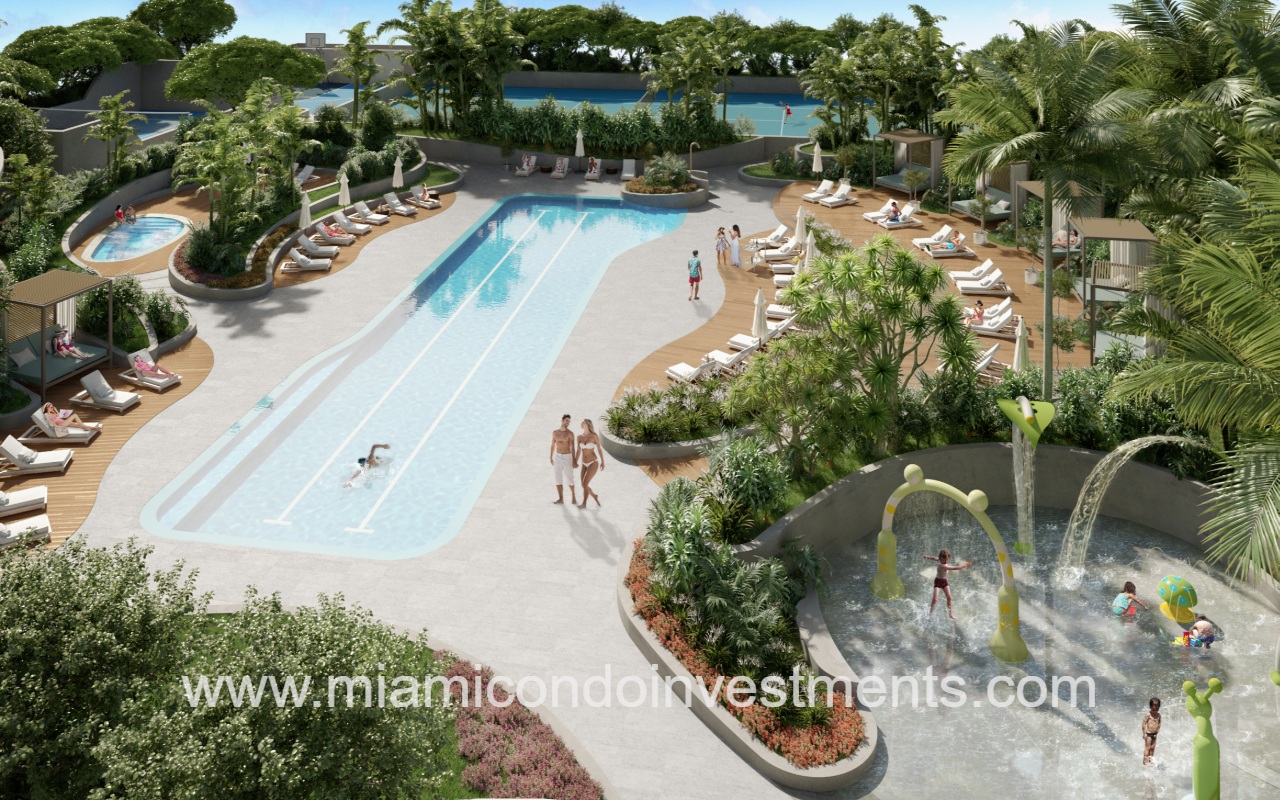 Aria Reserve North condominium building drone overlooking lap pool and kids splash pad