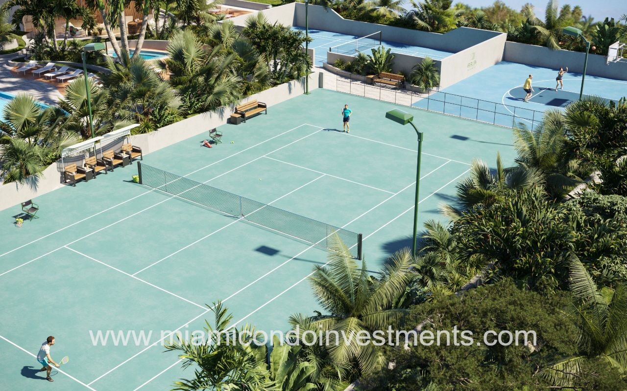 Aria Reserve North condominium drone overlooking tennis court amenities