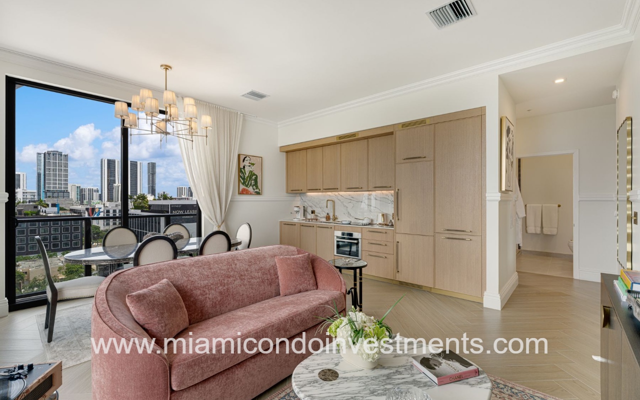 NoMad Wynwood 2-bedroom view of living room, kitchen, and dining area