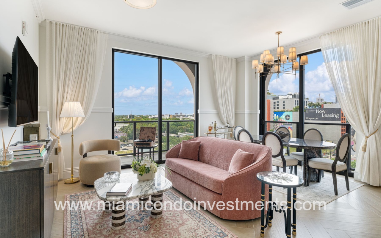 NoMad Wynwood 2-bedroom view of living room and glass sliding doors to balcony