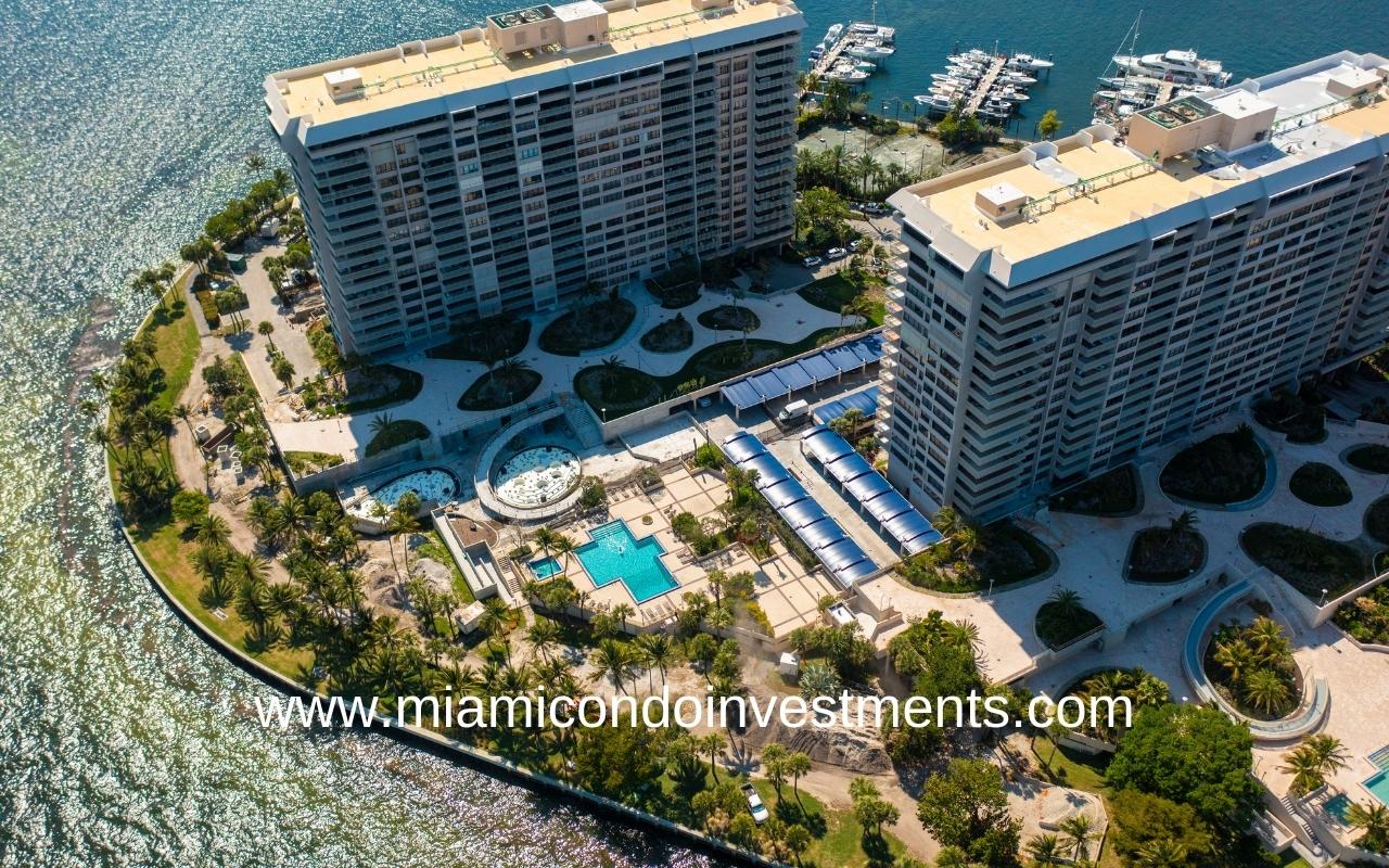 Two Grove Isle Condos Aerial View