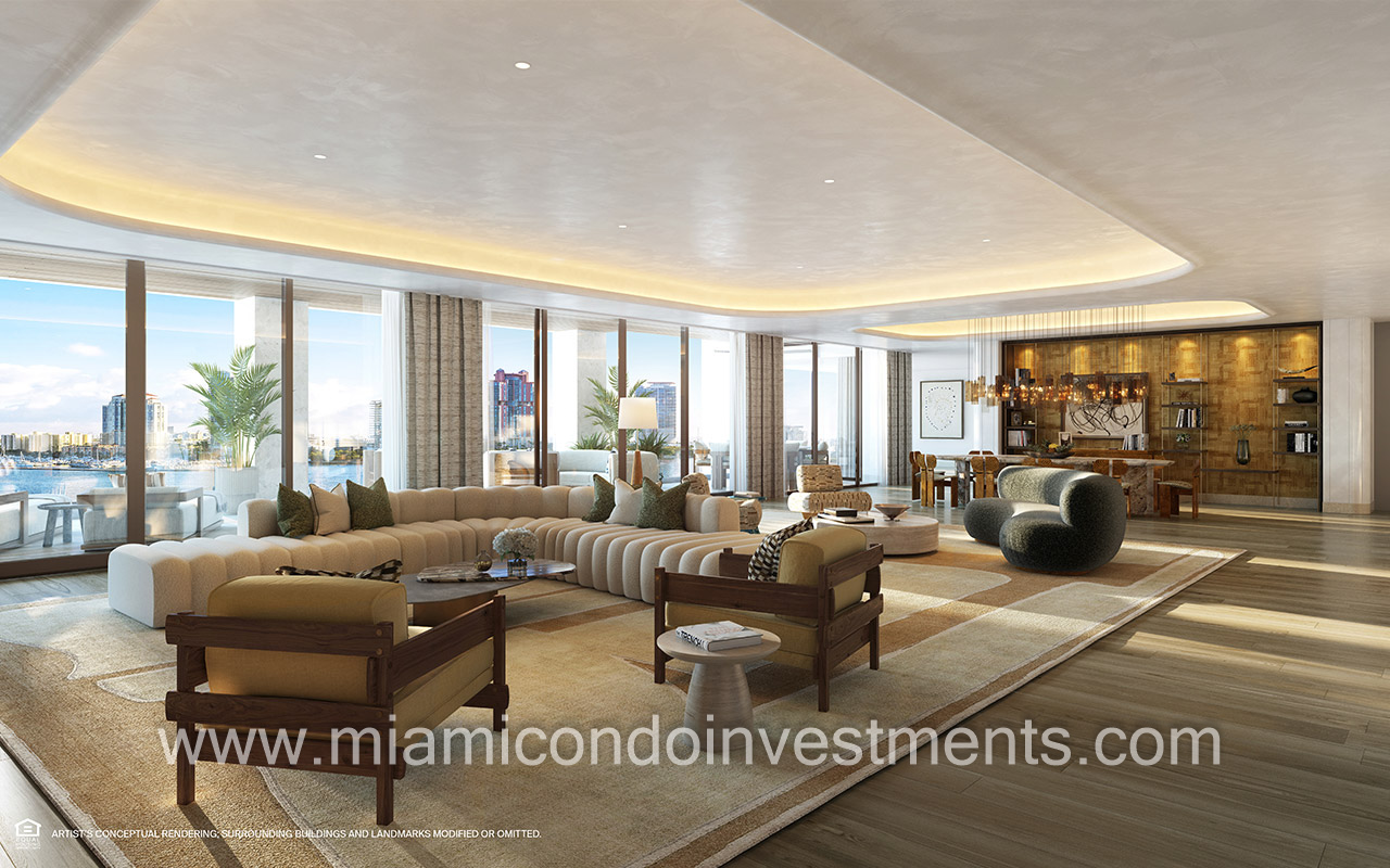 Residences at Six Fisher Island great room with water views