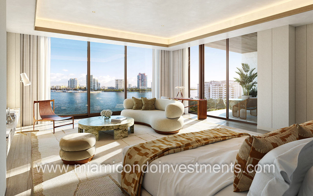 Residences at Six Fisher Island bedroom with water views