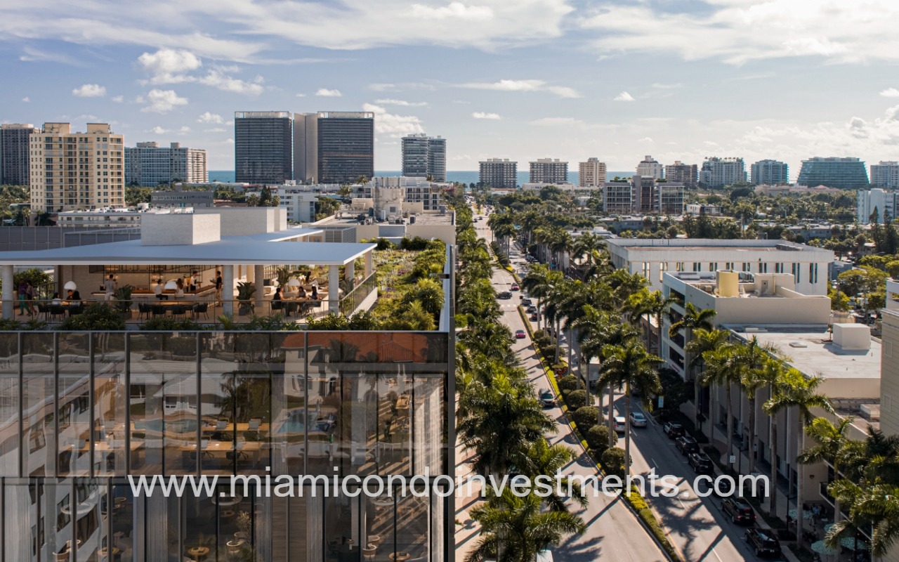 The WELL Bay Harbor drone view of top building angle and street with skyline views