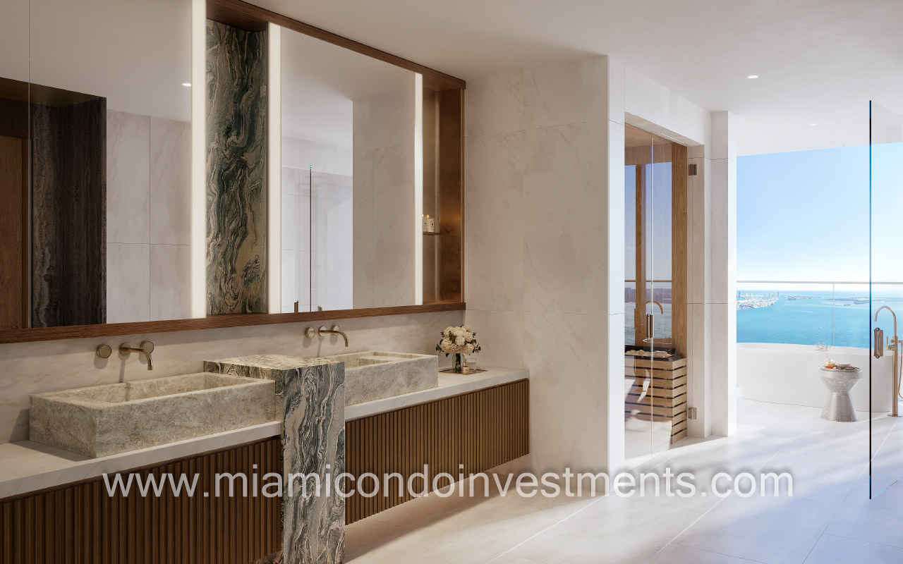 The Mandarin Oriental Residences primary bathroom and sauna
