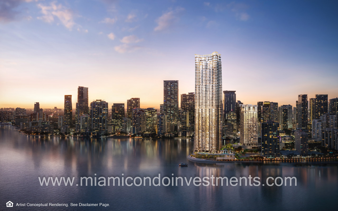 The Mandarin Oriental Residences Miami at dusk