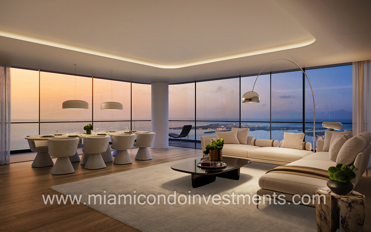 Mercedes-Benz Places Miami great room at dusk