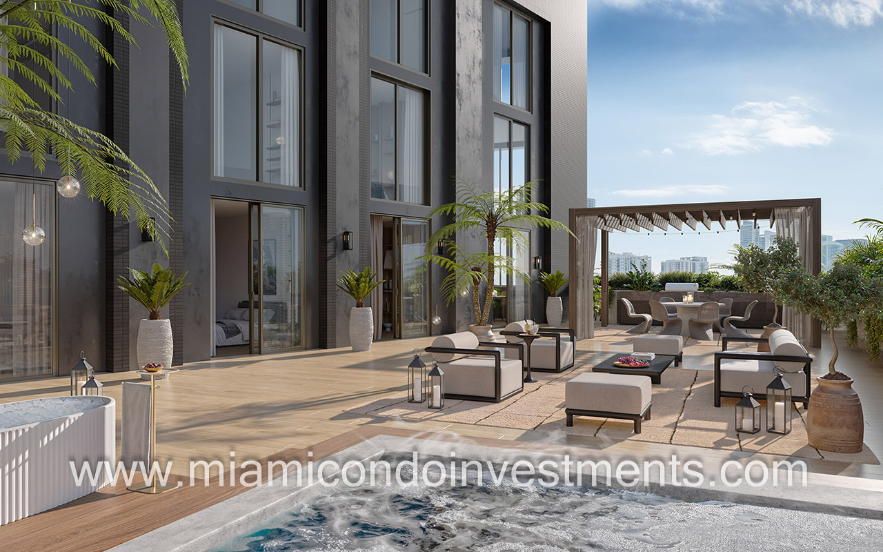 The Rider Residences condominiums pool area lounge seating