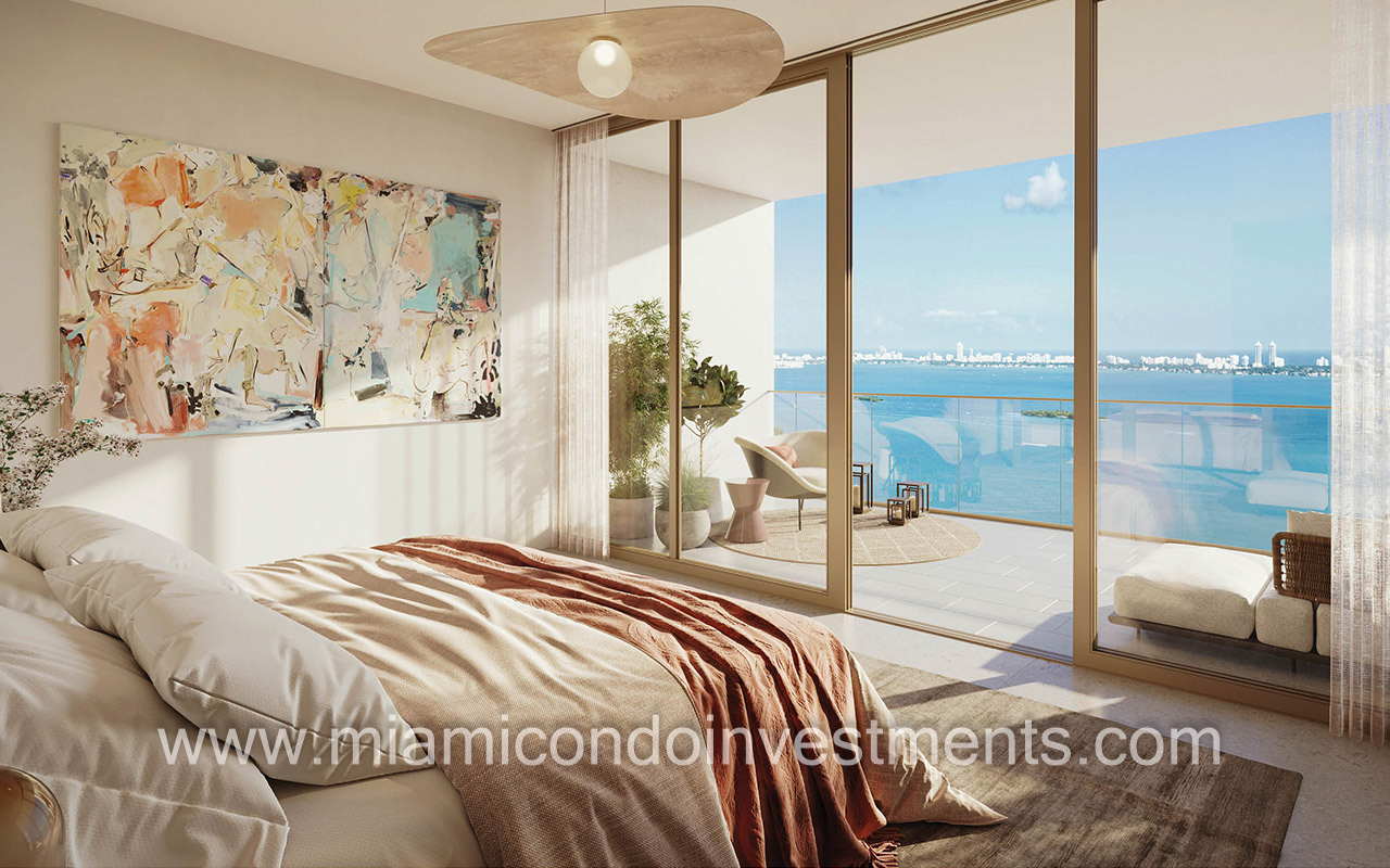 Miami Tropic primary bedroom with water views