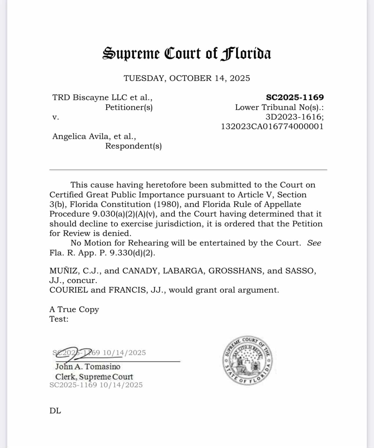 TRD Biscayne LLC vs Biscayne 21 appeal denied