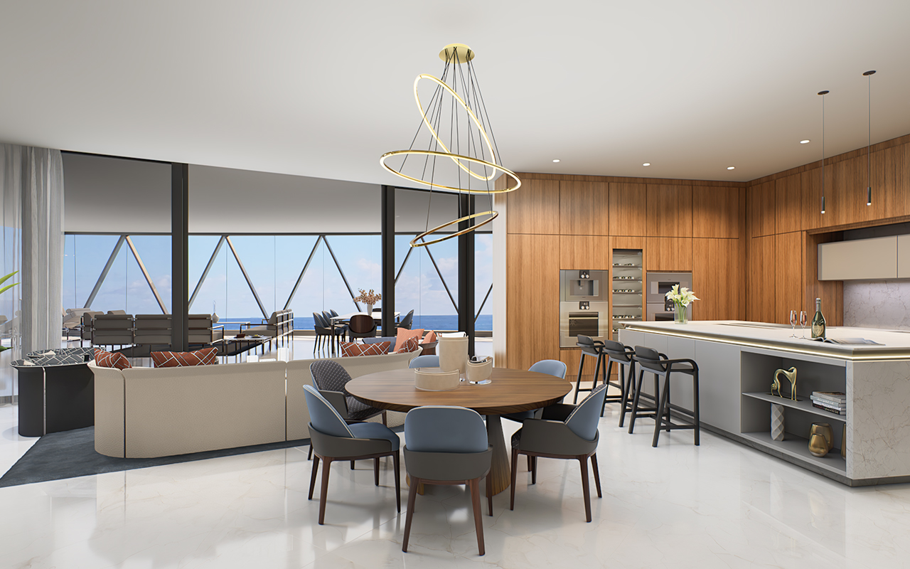 rendering of Bentley kitchen living room and terrace