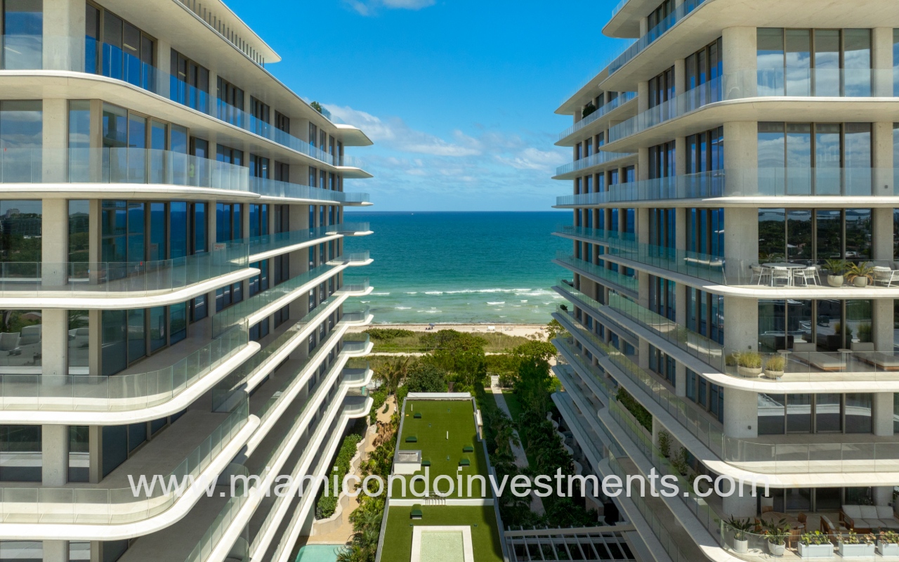 Seaway at the Surf Club drone view condo building side profile exterior and blue ocean backdrop