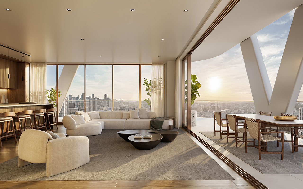 HQ Residence Miami interior rendering of living room and terrace
