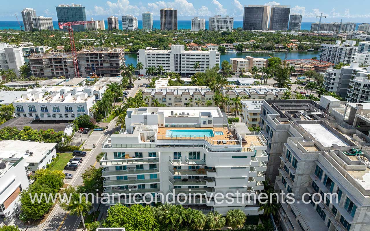 One Bay Harbor condos in Bay Harbor Islands drone of pool and skyline