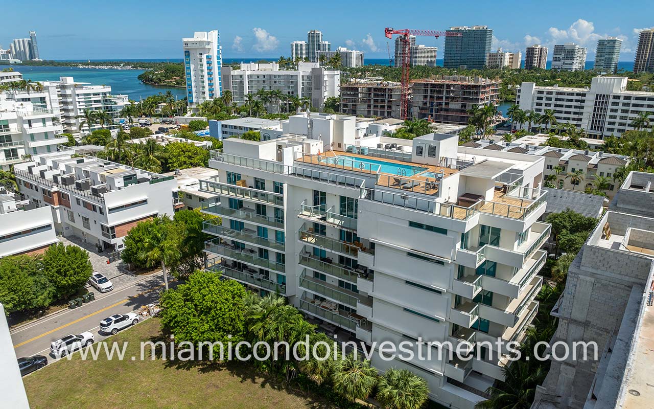 One Bay Harbor condos in Bay Harbor Islands drone of side of building