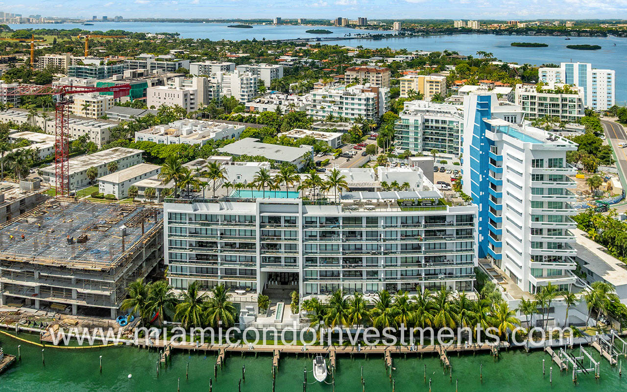Sereno Residences in Bay Harbor Islands drone view of back of building and area