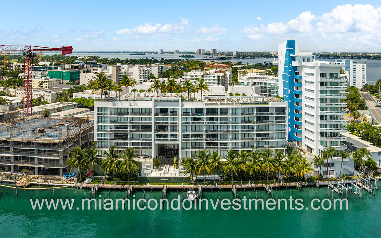 Sereno Residences in Bay Harbor Islands view facing back of building and private boat slips
